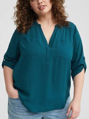 TORRID 00 Plus Size Harper Georgette Pullover 3/4 Sleeve Blouse Teal Blue Work